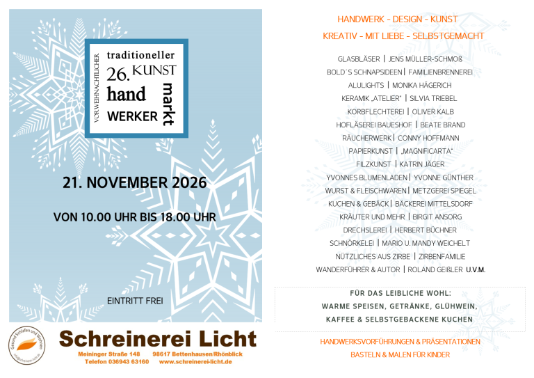 Flyer für Kunsthandwerkermarkt Schreinerei Licht in Bettenhausen